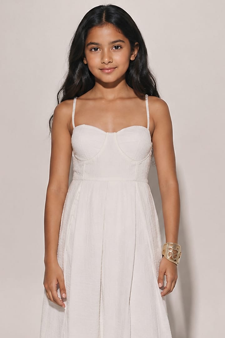 White Blended Linen Pleated Flared Dress For Girls by Kriti Bapna Kids at Pernia's Pop Up Shop