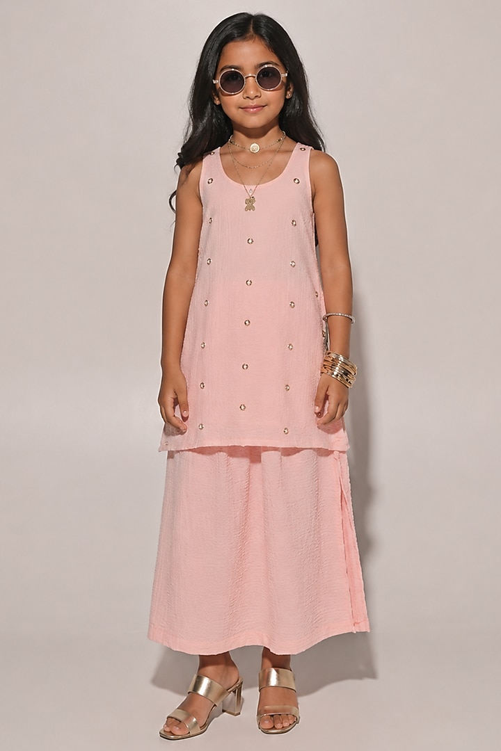 Peach Blended Linen Slit Skirt Set For Girls by Kriti Bapna Kids at Pernia's Pop Up Shop