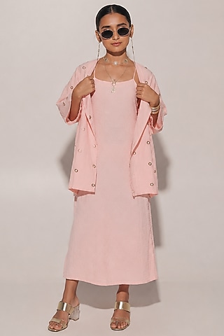 Peach Blended Linen Strappy Jacket Dress For Girls by Kriti Bapna Kids
