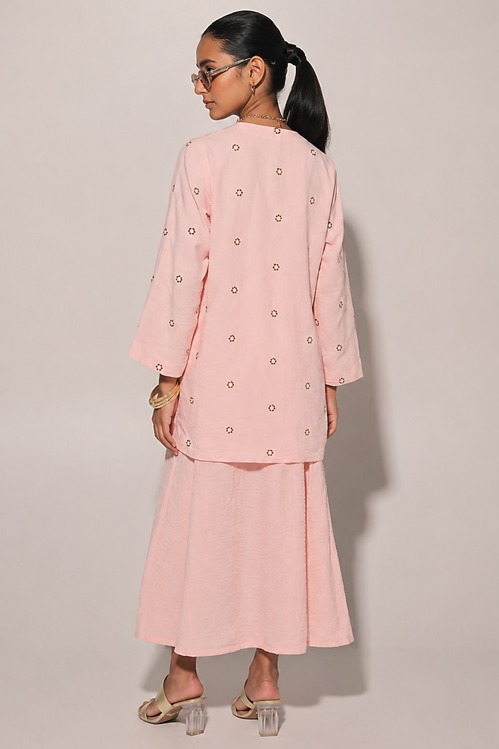 Peach Blended Linen Strappy Jacket Dress For Girls by Kriti Bapna Kids at Pernia's Pop Up Shop