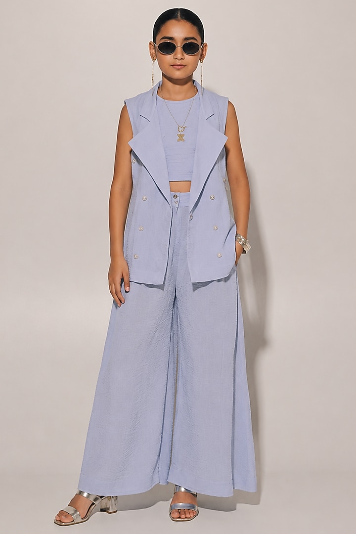 Blue Blended Linen Co-Ord Set For Girls by Kriti Bapna Kids at Pernia's Pop Up Shop
