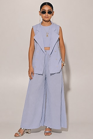 Blue Blended Linen Co-Ord Set For Girls by Kriti Bapna Kids