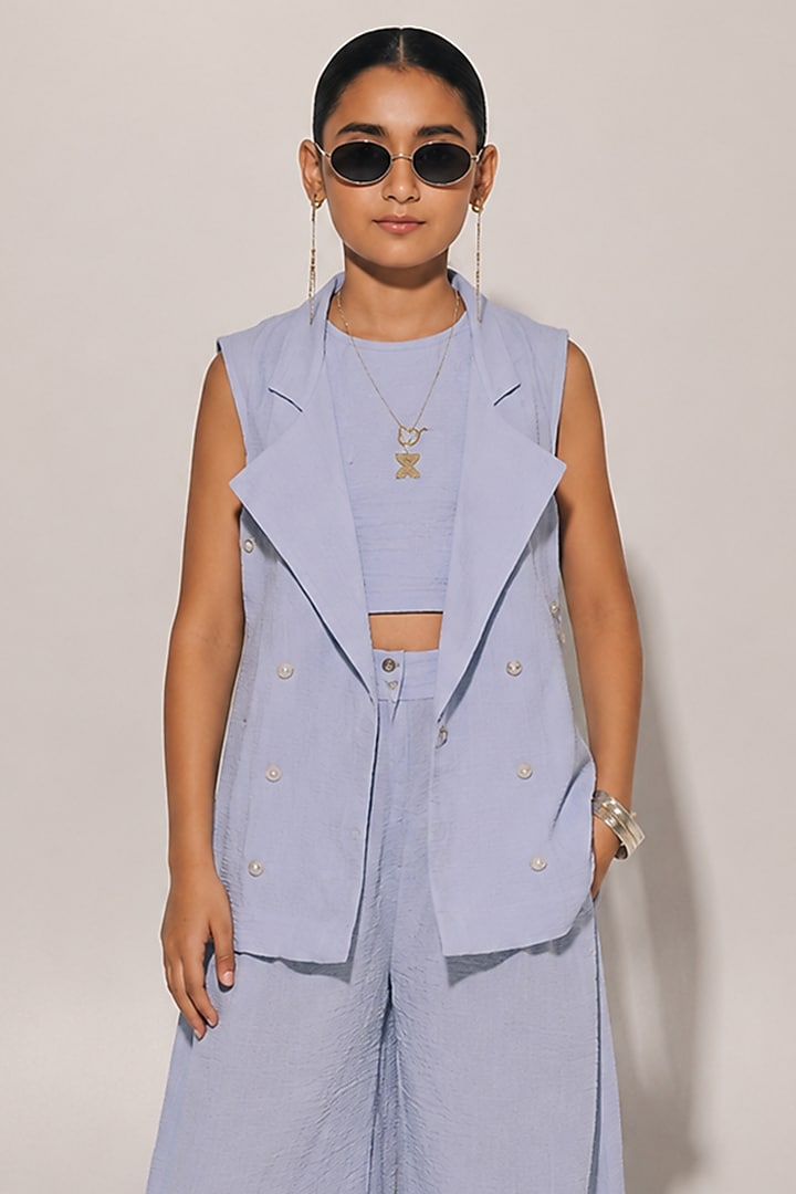 Blue Blended Linen Co-Ord Set For Girls by Kriti Bapna Kids at Pernia's Pop Up Shop