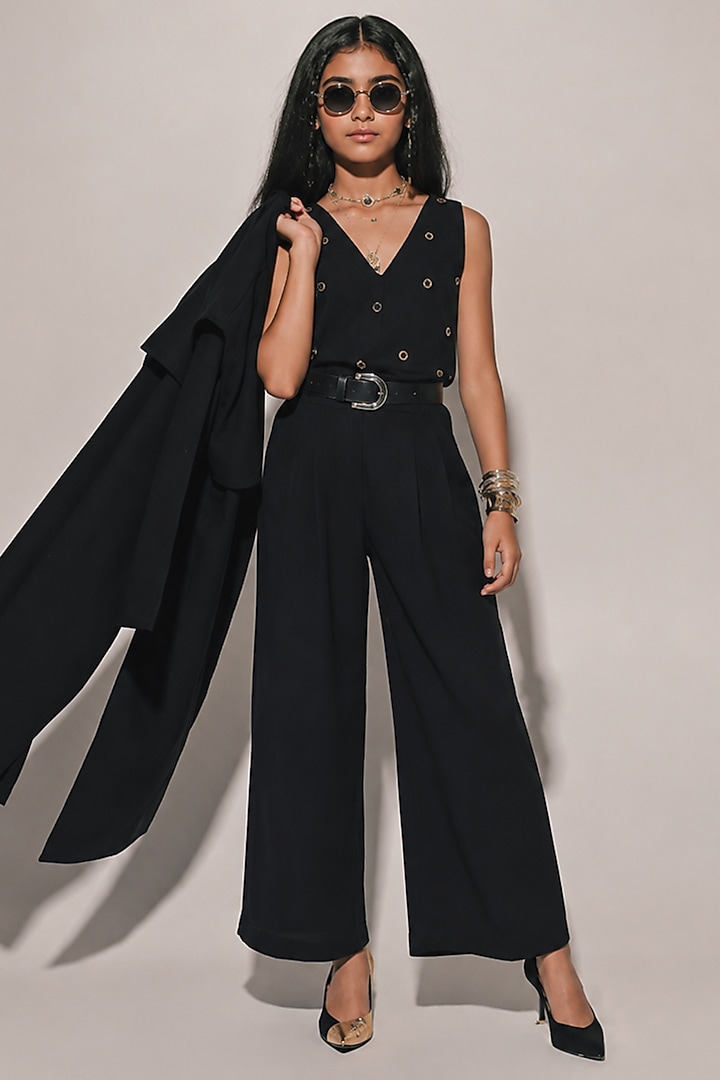 Black Blended Linen Co-Ord Set For Girls by Kriti Bapna Kids at Pernia's Pop Up Shop