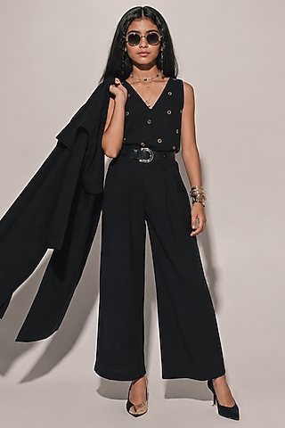 Black Blended Linen Co-Ord Set For Girls by Kriti Bapna Kids