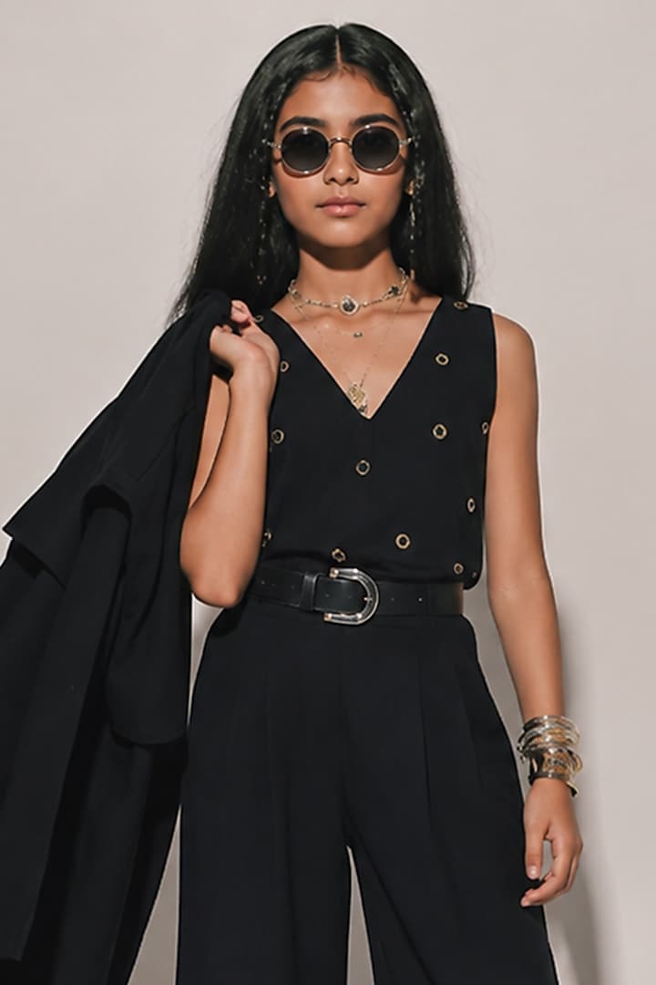 Black Blended Linen Co-Ord Set For Girls by Kriti Bapna Kids at Pernia's Pop Up Shop
