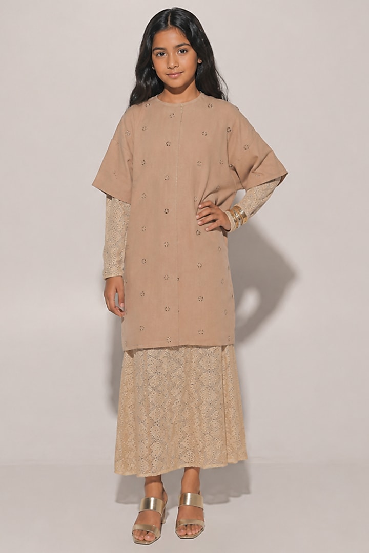 Beige Blended Linen Dress For Girls by Kriti Bapna Kids at Pernia's Pop Up Shop