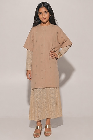 Beige Blended Linen Dress For Girls by Kriti Bapna Kids