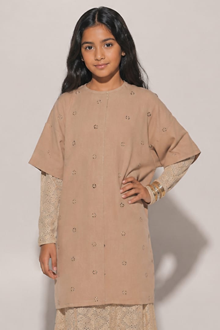 Beige Blended Linen Dress For Girls by Kriti Bapna Kids at Pernia's Pop Up Shop