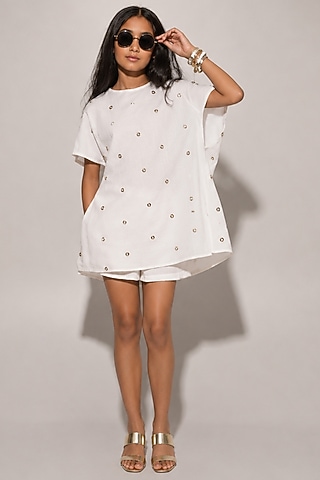 White Blended Linen Co-Ord Set For Girls by Kriti Bapna Kids