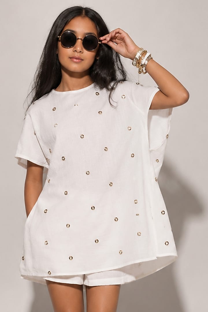 White Blended Linen Co-Ord Set For Girls by Kriti Bapna Kids at Pernia's Pop Up Shop