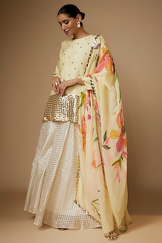 Yellow Chanderi Boota Embroidered Sharara Set by Kriti Bapna