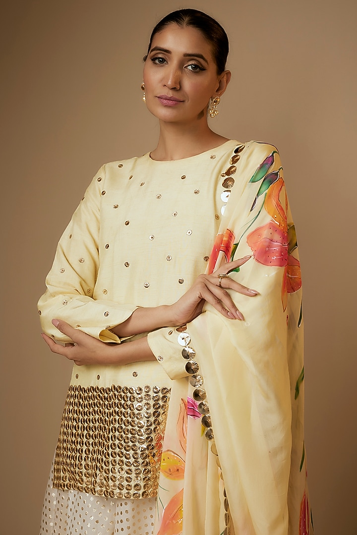 Yellow Chanderi Boota Embroidered Wedding Sharara Set by Kriti Bapna at Pernia's Pop Up Shop