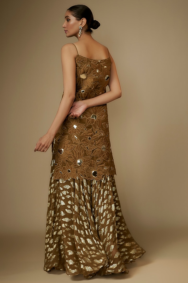 Brown Georgette Gota Striped Embroidered Wedding Sharara Set by Kriti Bapna at Pernia's Pop Up Shop