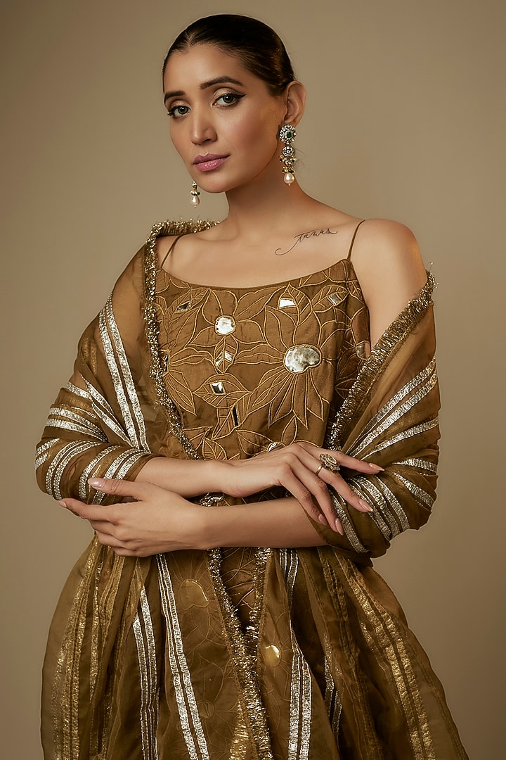 Brown Georgette Gota Striped Embroidered Wedding Sharara Set by Kriti Bapna at Pernia's Pop Up Shop
