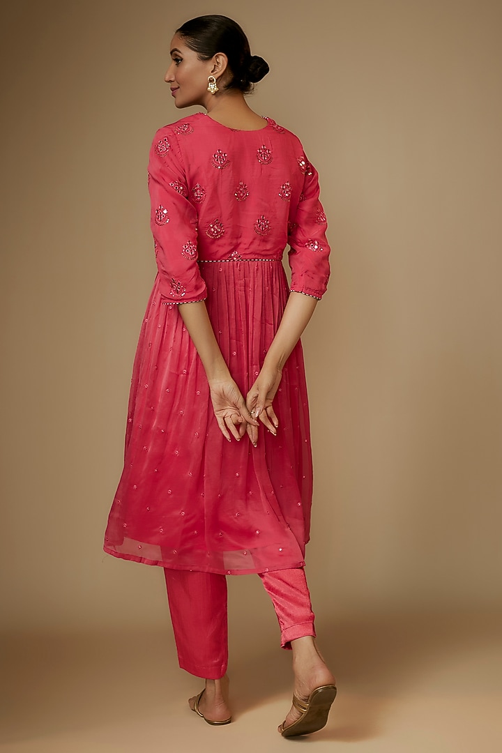 Carrot Pink Viscose Organza Embroidered Kurta Set by Kriti Bapna at Pernia's Pop Up Shop
