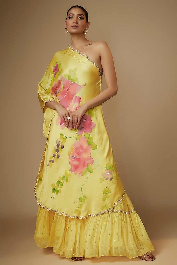 Yellow Viscose Organza Embroidered Flared Sharara Set by Kriti Bapna