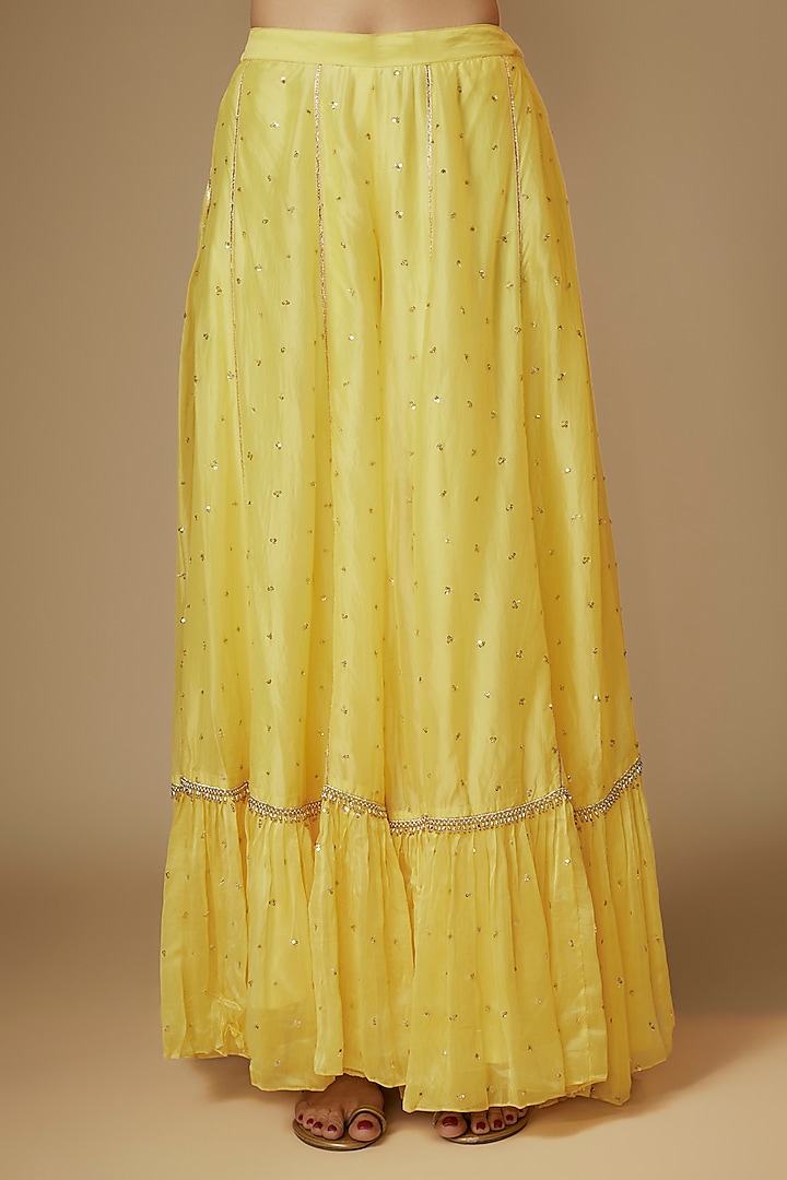 Yellow Viscose Organza Embroidered Flared Party Wear Sharara Set by Kriti Bapna at Pernia's Pop Up Shop