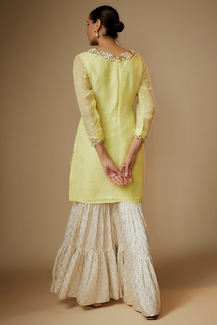 Yellow Viscose Organza Embroidered Tiered Party Wear Sharara Set by Kriti Bapna at Pernia's Pop Up Shop