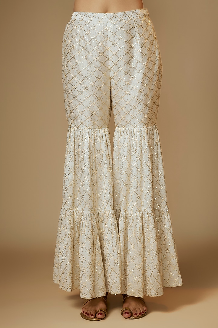 Yellow Viscose Organza Embroidered Tiered Party Wear Sharara Set by Kriti Bapna at Pernia's Pop Up Shop