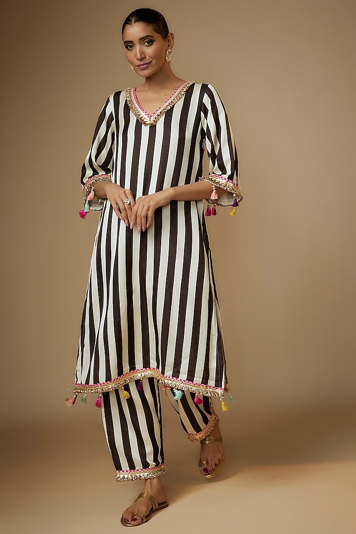 Black & Ivory Cotton Satin Striped Printed Kurta Set by Kriti Bapna at Pernia's Pop Up Shop