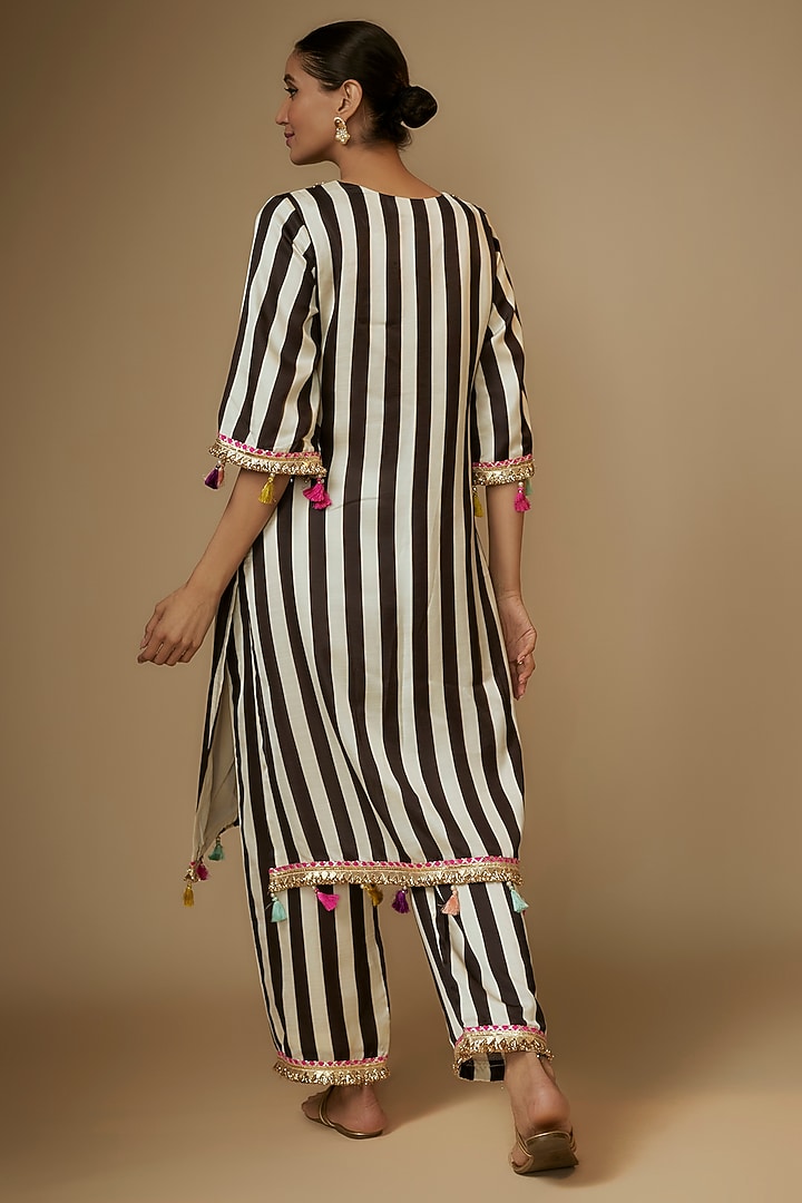 Black & Ivory Cotton Satin Striped Printed Kurta Set by Kriti Bapna at Pernia's Pop Up Shop