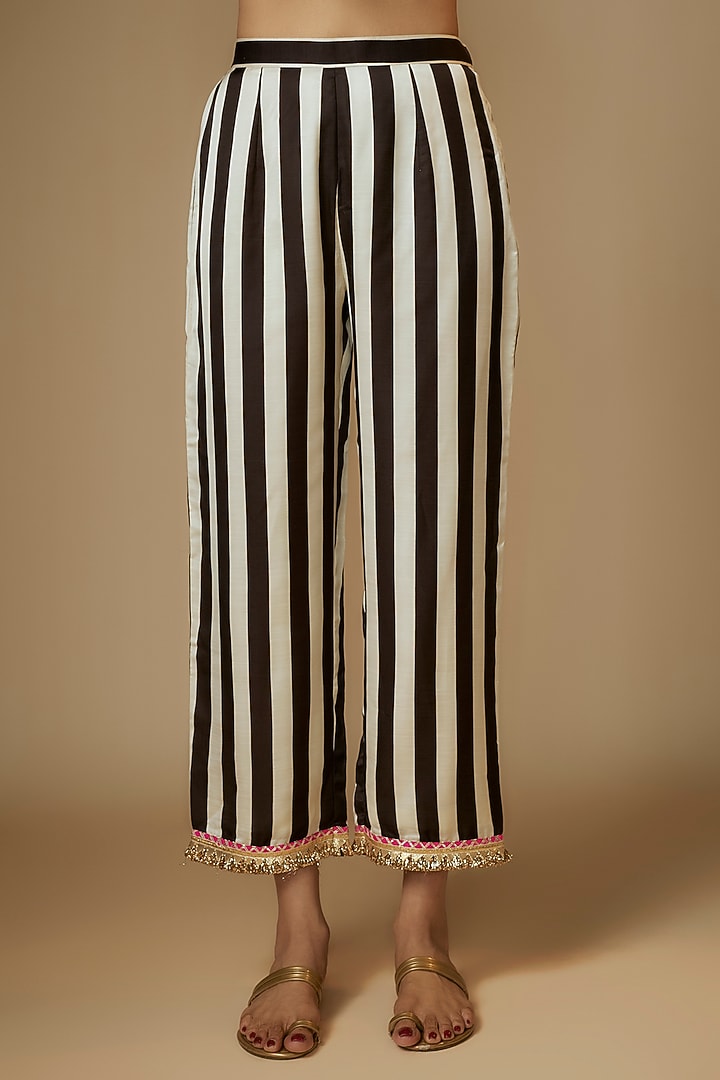 Black & Ivory Cotton Satin Striped Printed Kurta Set by Kriti Bapna at Pernia's Pop Up Shop