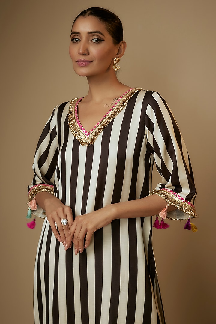 Black & Ivory Cotton Satin Striped Printed Kurta Set by Kriti Bapna at Pernia's Pop Up Shop