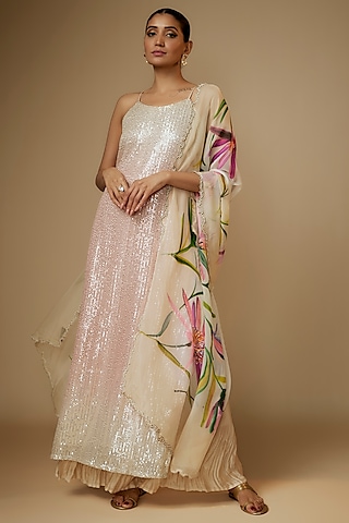Beige & Pink Georgette Ombre Kurta Set by Kriti Bapna