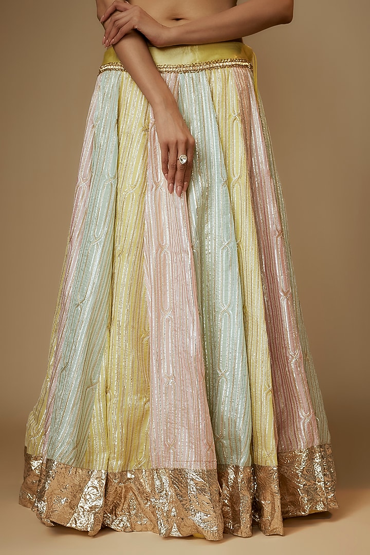 Multi-Colored Satin Georgette Gota Embroidered Kali Wedding Lehenga Set by Kriti Bapna at Pernia's Pop Up Shop