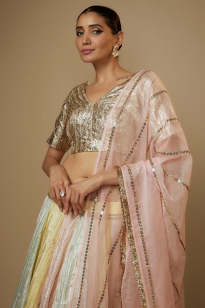 Multi-Colored Satin Georgette Gota Embroidered Kali Wedding Lehenga Set by Kriti Bapna at Pernia's Pop Up Shop