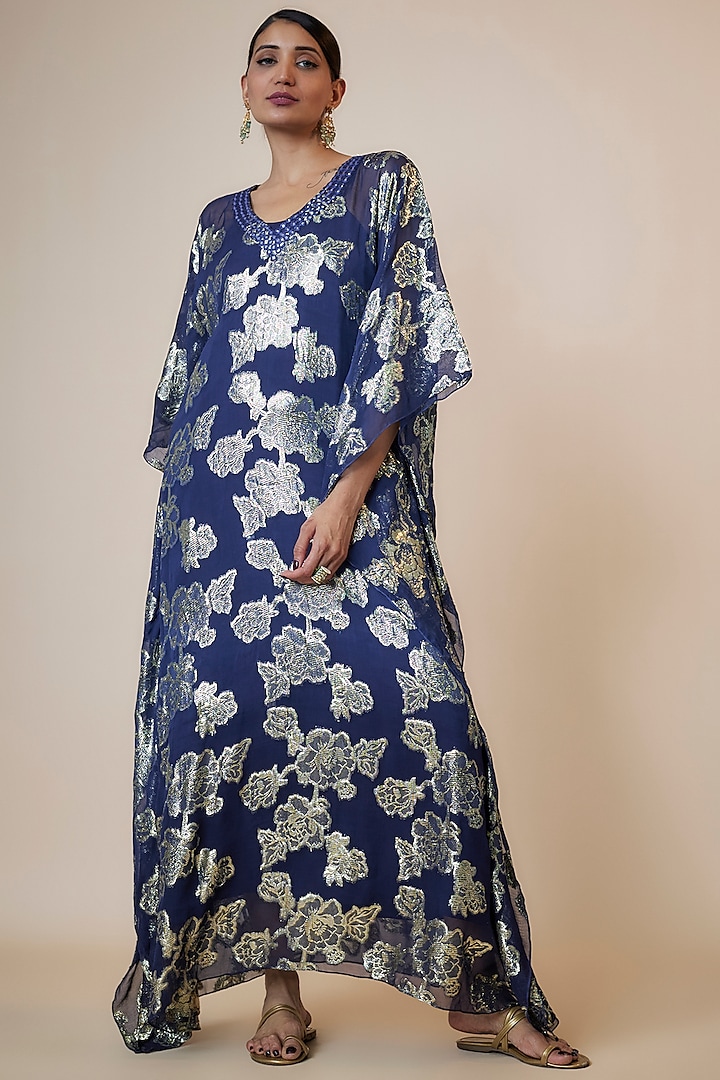 Blue Shaded Brasso Georgette Mirror Embroidered & Floral Printed Kaftan by Kriti Bapna