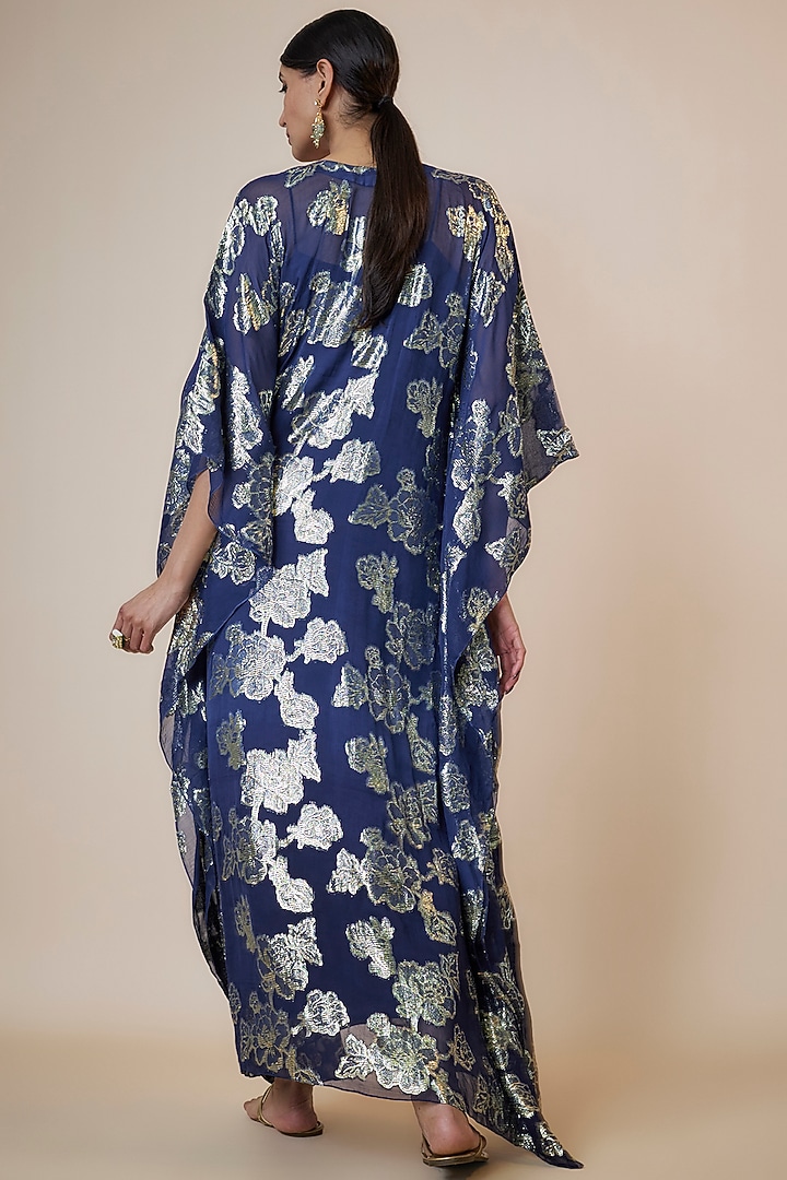 Blue Shaded Brasso Georgette Mirror Embroidered & Floral Printed Kaftan by Kriti Bapna at Pernia's Pop Up Shop