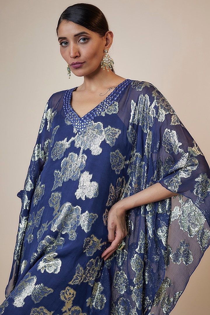 Blue Shaded Brasso Georgette Mirror Embroidered & Floral Printed Kaftan by Kriti Bapna at Pernia's Pop Up Shop