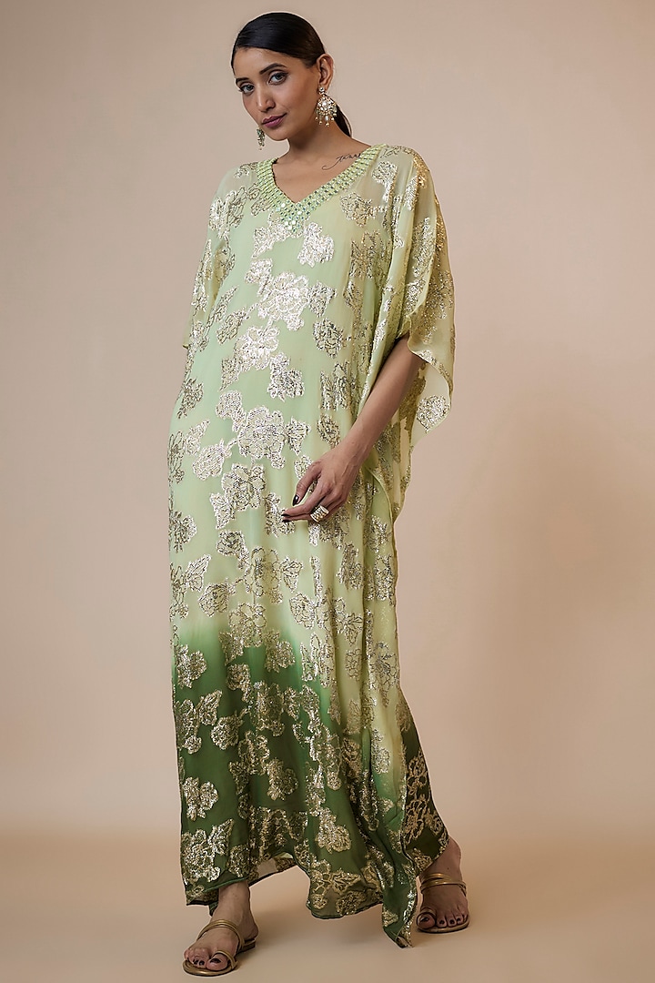 Green Shaded Brasso Georgette Mirror Embroidered & Floral Printed Kaftan by Kriti Bapna