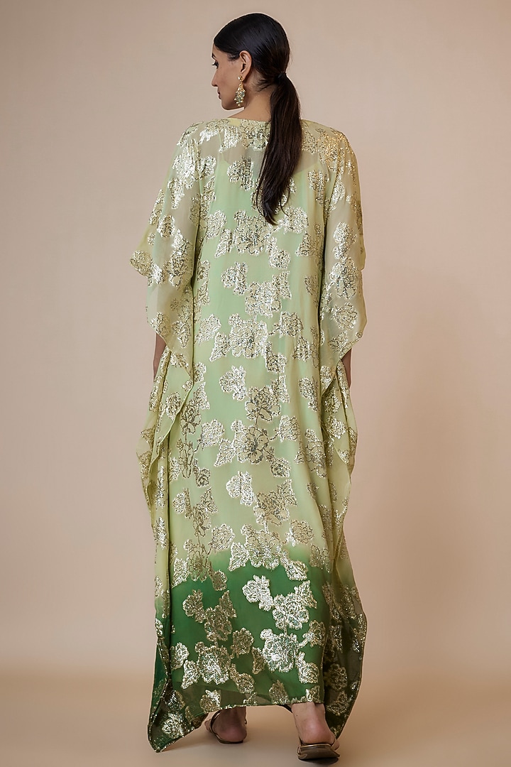 Green Shaded Brasso Georgette Mirror Embroidered & Floral Printed Kaftan by Kriti Bapna at Pernia's Pop Up Shop
