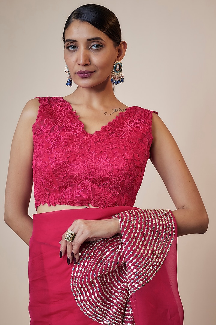Pink Viscose Organza Mirror Embroidered Party Wear Saree Set by Kriti Bapna at Pernia's Pop Up Shop