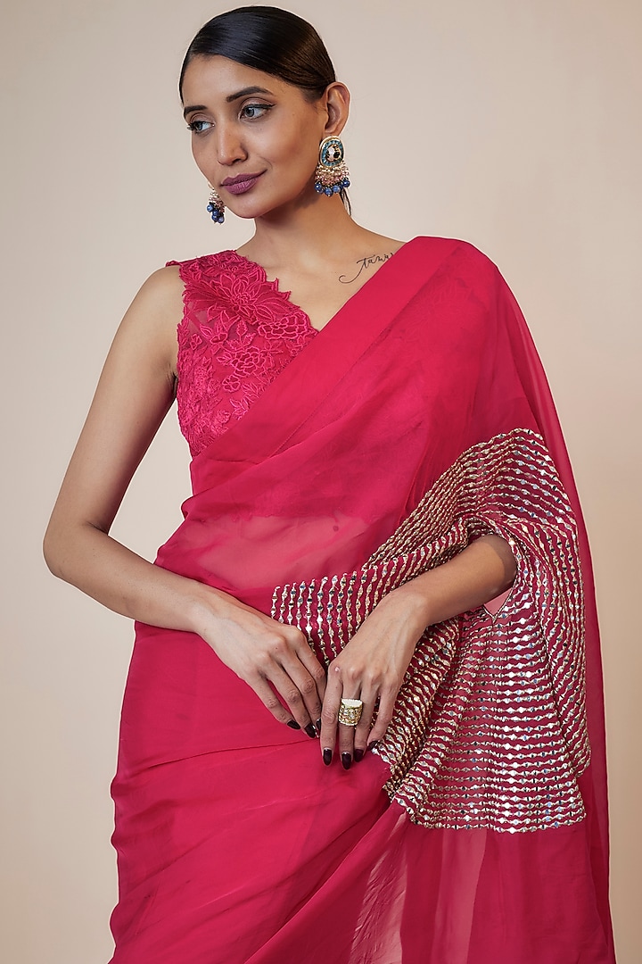 Pink Viscose Organza Mirror Embroidered Party Wear Saree Set by Kriti Bapna at Pernia's Pop Up Shop