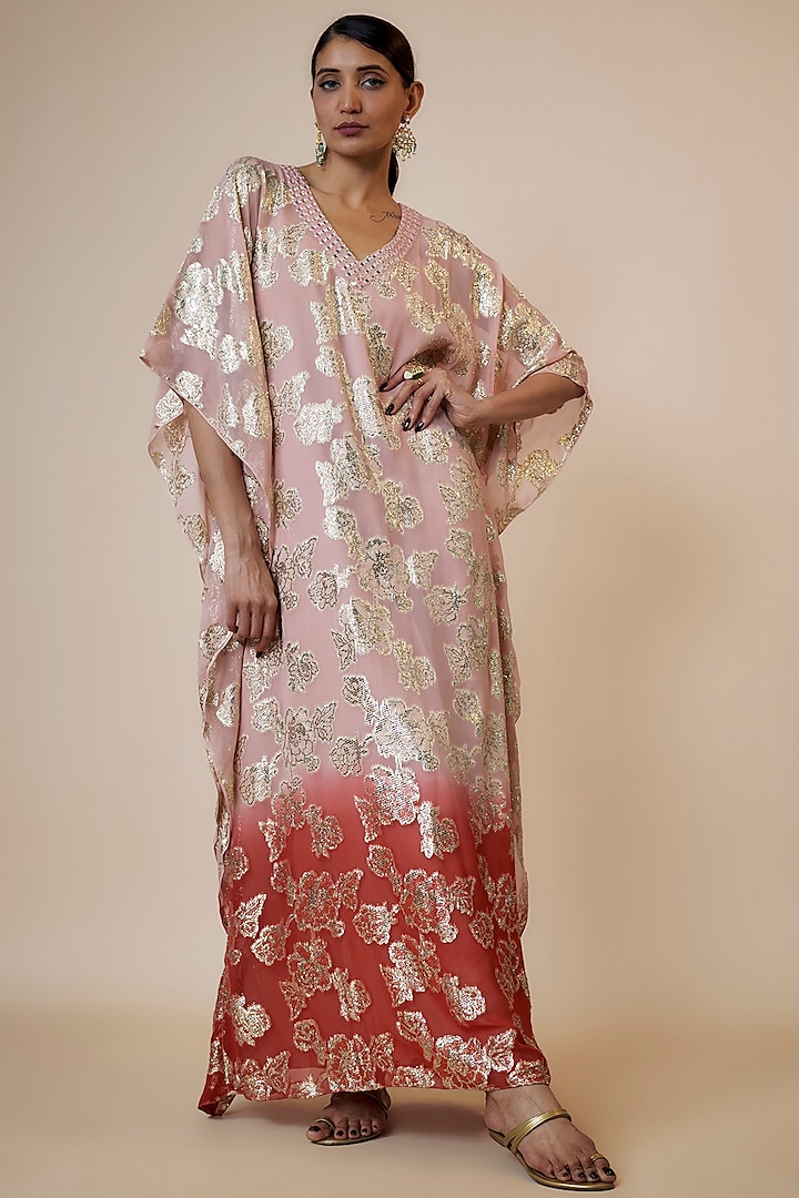 Pink Shaded Brasso Georgette Mirror Embroidered & Floral Printed Kaftan by Kriti Bapna