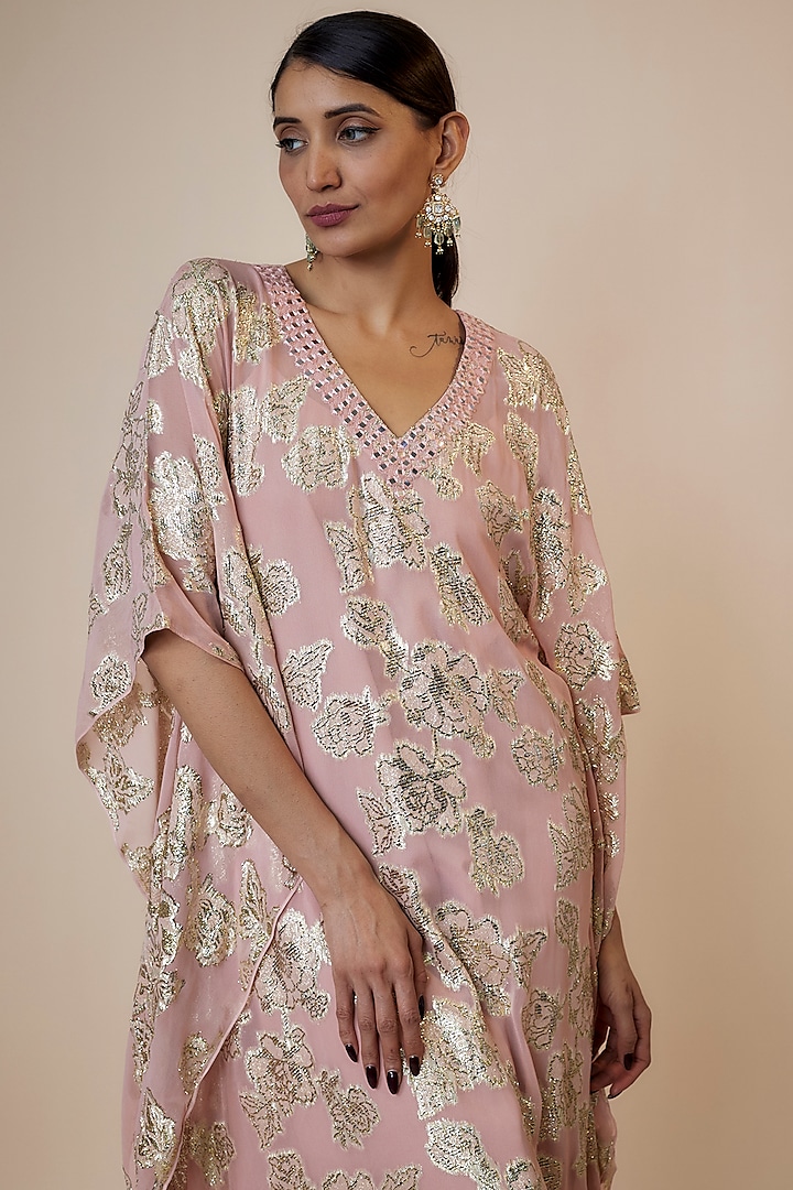 Pink Shaded Brasso Georgette Mirror Embroidered & Floral Printed Kaftan by Kriti Bapna at Pernia's Pop Up Shop