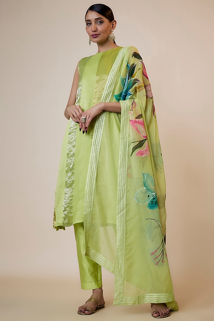 Green Silk Chanderi Stripe Kurta Set by Kriti Bapna