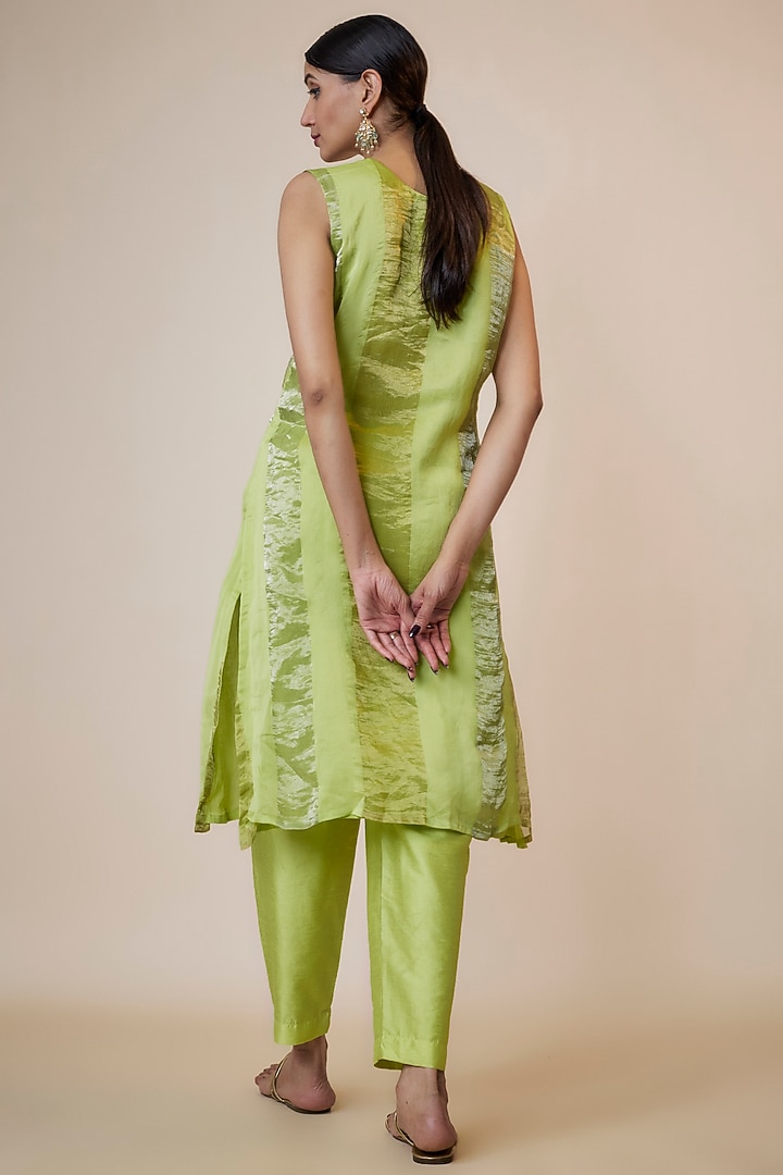 Green Silk Chanderi Stripe Kurta Set by Kriti Bapna at Pernia's Pop Up Shop