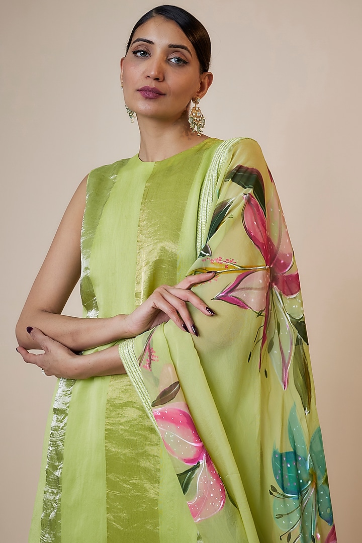 Green Silk Chanderi Stripe Kurta Set by Kriti Bapna at Pernia's Pop Up Shop