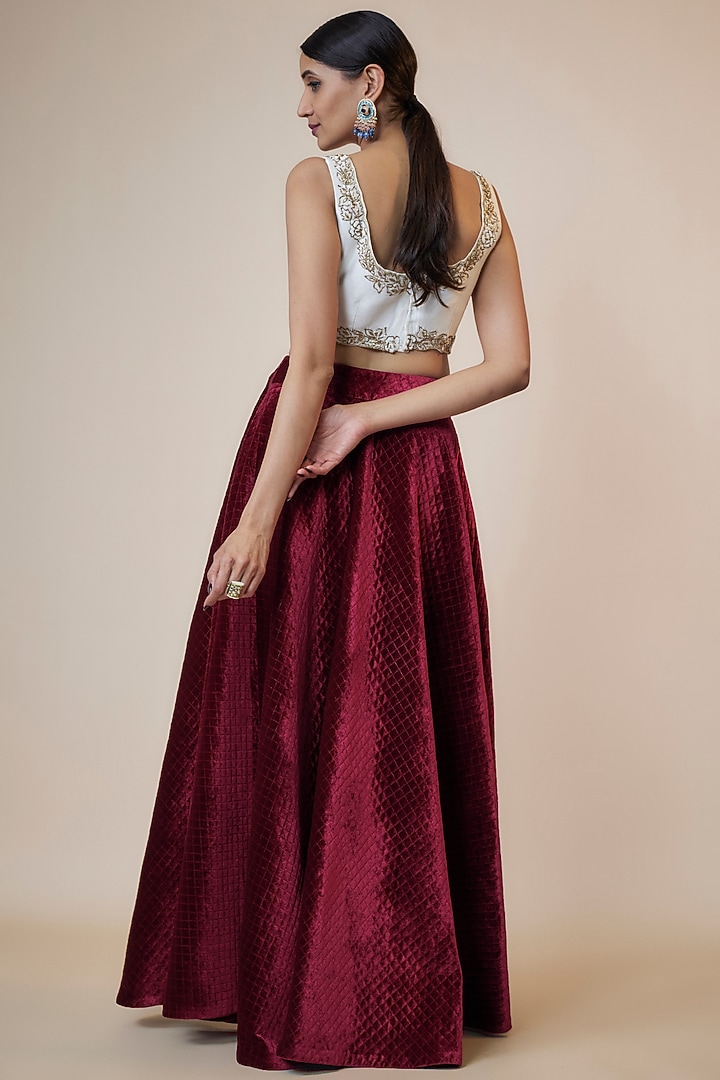 Maroon Chekered Velvet Wedding Lehenga Set by Kriti Bapna at Pernia's Pop Up Shop