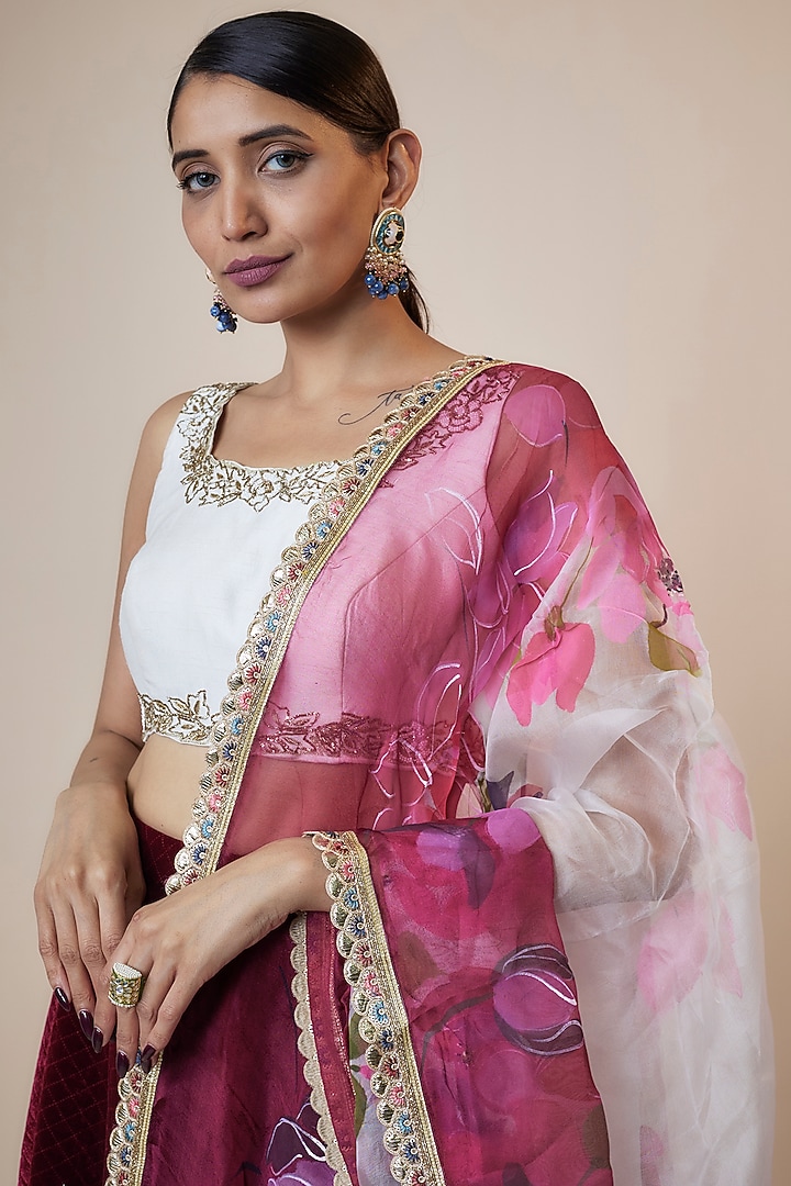 Maroon Chekered Velvet Wedding Lehenga Set by Kriti Bapna at Pernia's Pop Up Shop