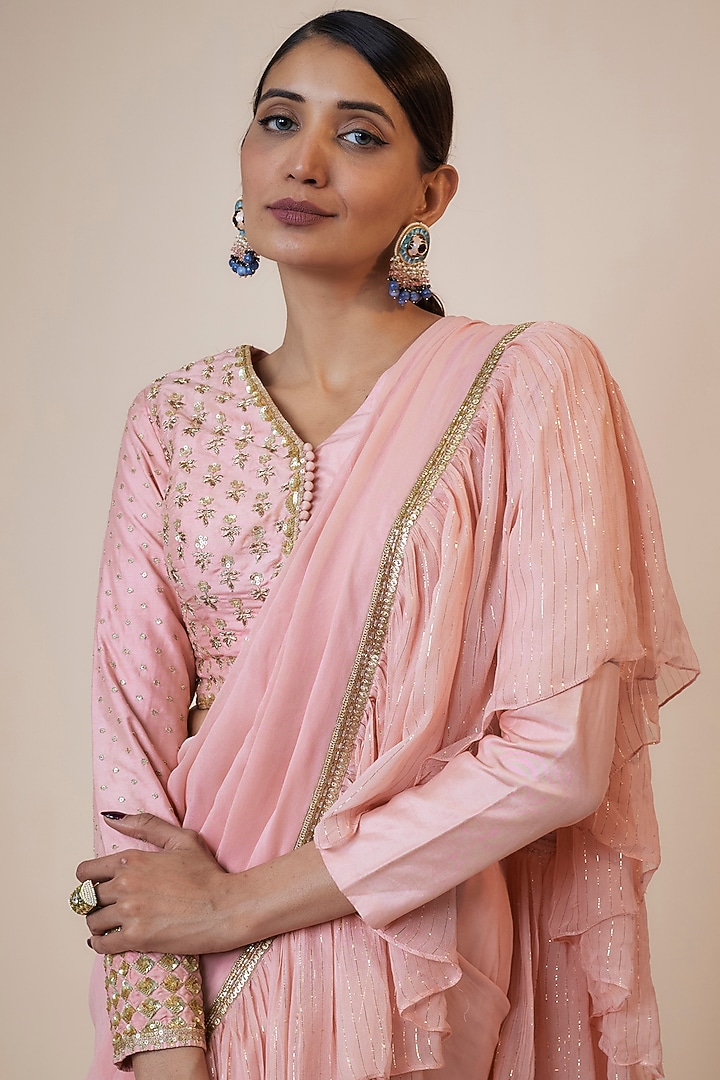 Peach Georgette Zardosi Embroidered Frilled Party Wear Saree Set by Kriti Bapna at Pernia's Pop Up Shop