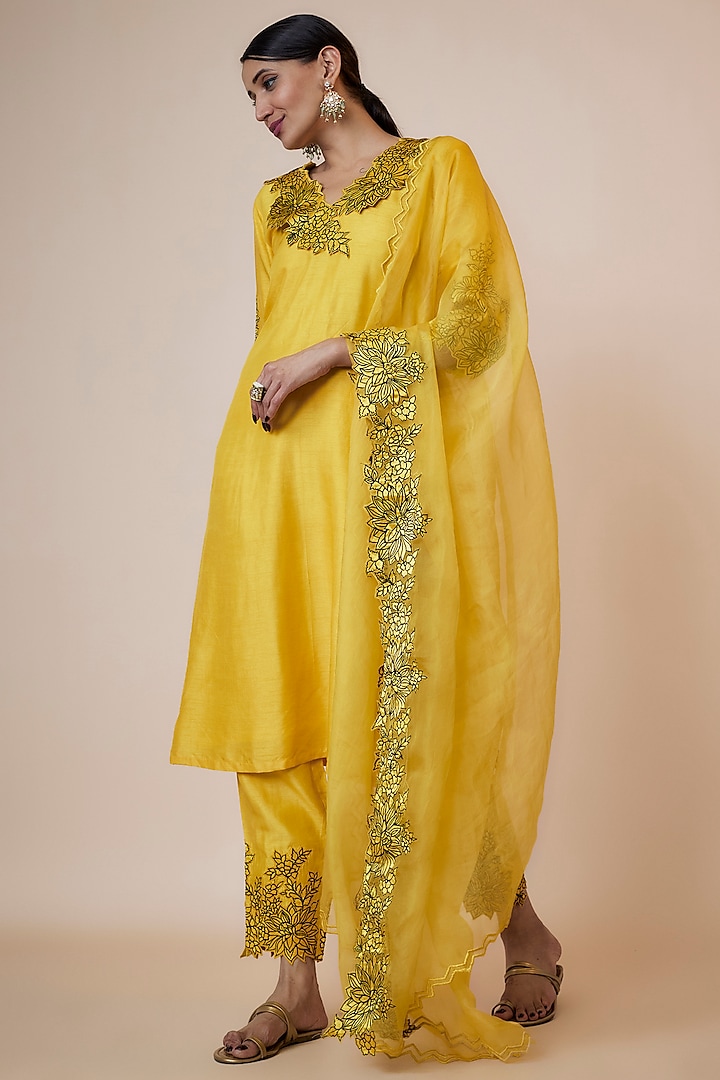 Yellow Silk Applique Embroidered Kurta Set by Kriti Bapna