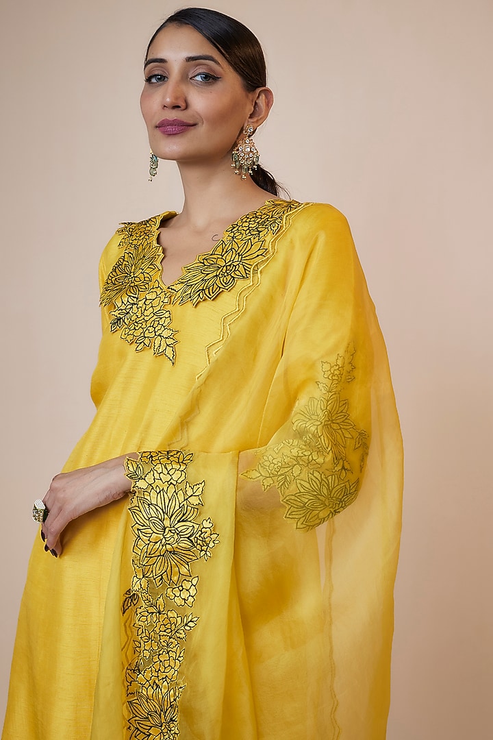 Yellow Silk Applique Embroidered Kurta Set by Kriti Bapna at Pernia's Pop Up Shop
