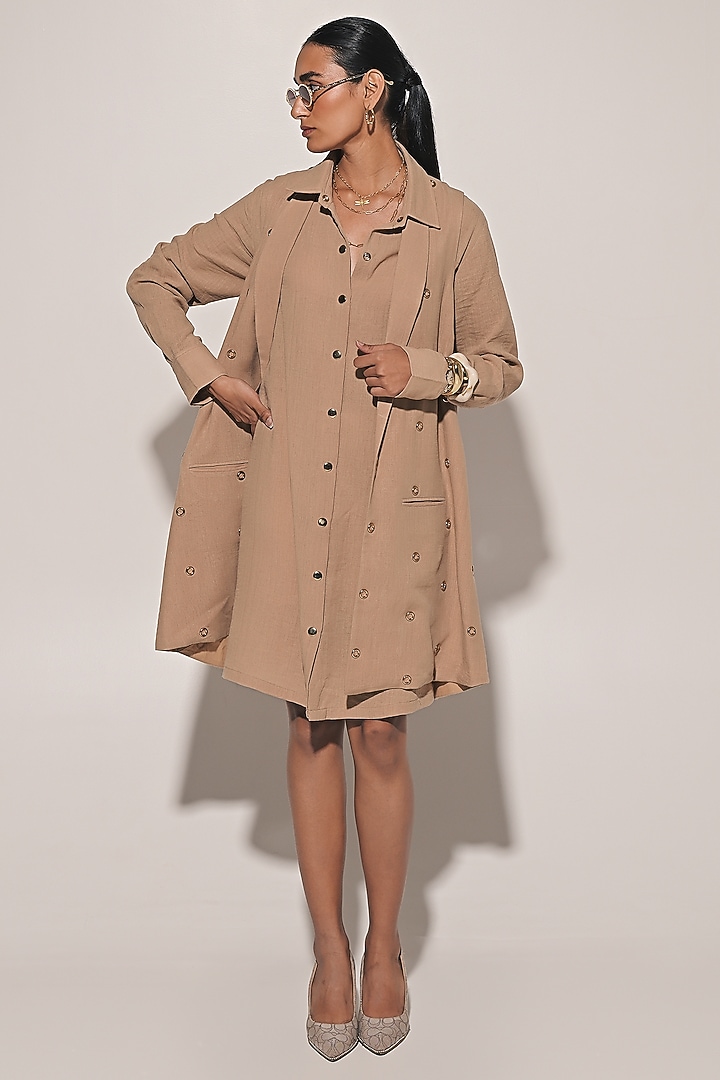 Beige Blended Linen Summer Shirt Dress With Jacket by Kriti Bapna at Pernia's Pop Up Shop
