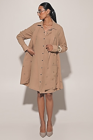 Beige Blended Linen Shirt Dress With Jacket by Kriti Bapna